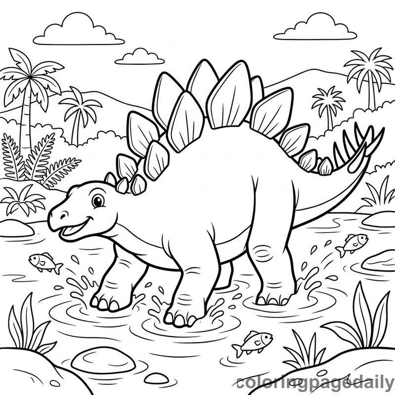 Stegosaurus Splashing River Fish - Daily printable coloring page in Dinosaur category