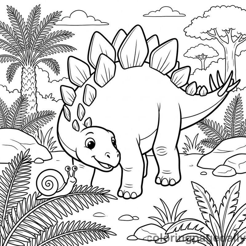 Stegosaurus Watching Snail - Daily printable coloring page in Dinosaur category