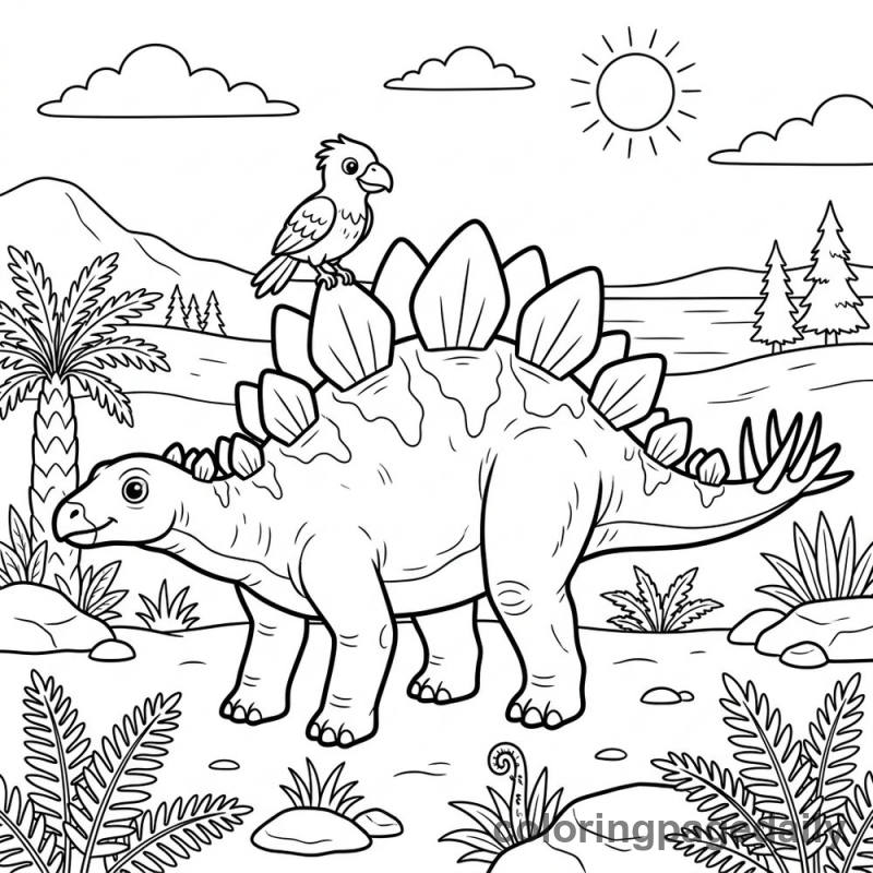 Stegosaurus With Bird - Daily printable coloring page in Dinosaur category