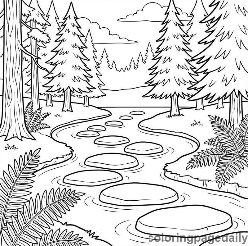 Stepping Stones Across Forest Creek - Daily printable coloring page in Scenery category