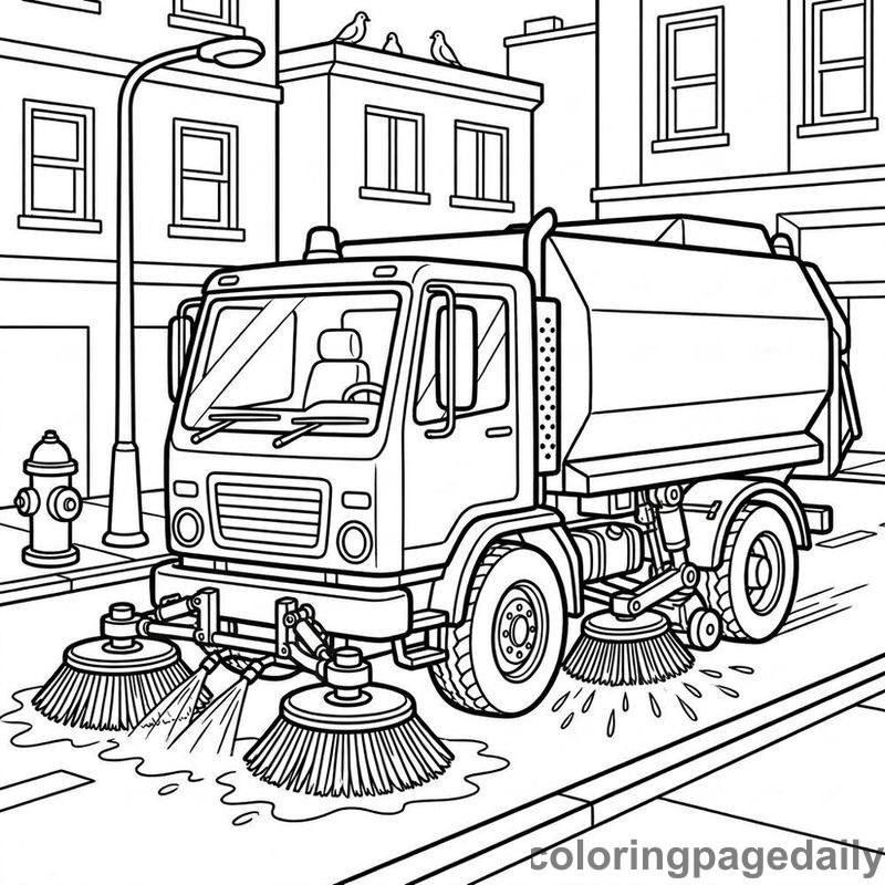 Street Sweeper Truck Working - Daily printable coloring page in Vehicle category