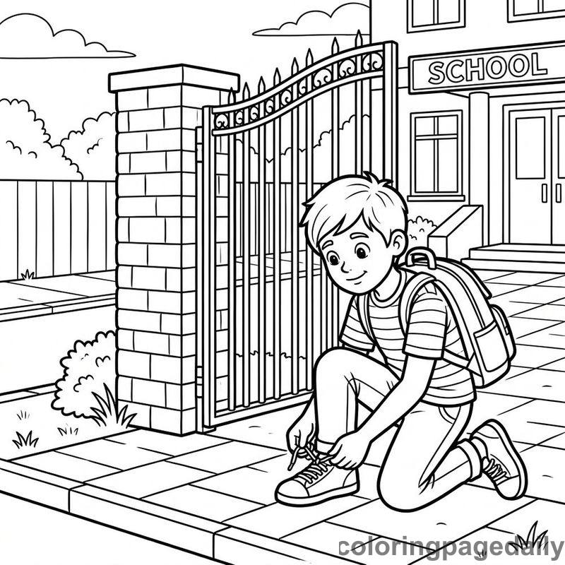Student Tying Shoelaces At Gate - Daily printable coloring page in Back to School category