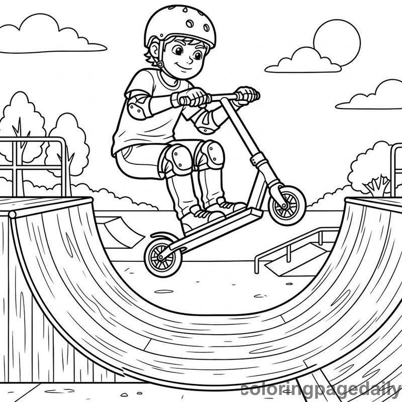 Stunt Scooter Halfpipe Jump - Daily printable coloring page in Sports category