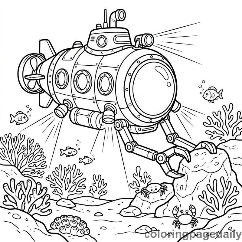 Submarine Exploring Ocean Floor - Daily printable coloring page in Ocean and Underwater Life category