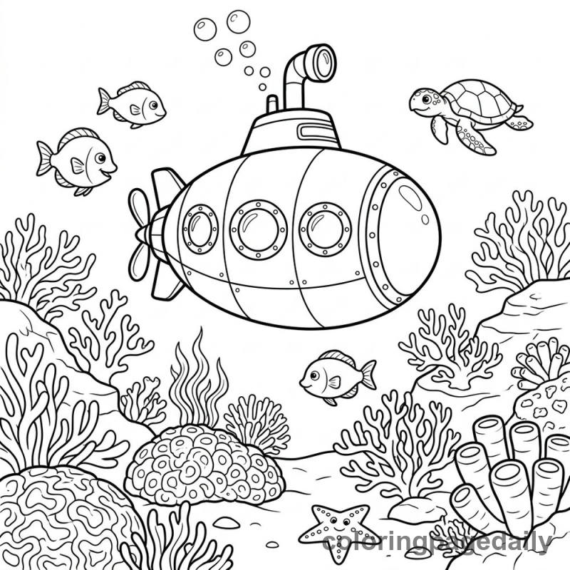 Submarine Exploring the Reef - Daily printable coloring page in Ocean and Underwater Life category