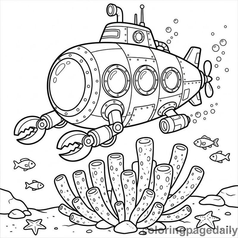 Submarine Exploring Tube Sponges - Daily printable coloring page in Ocean and Underwater Life category