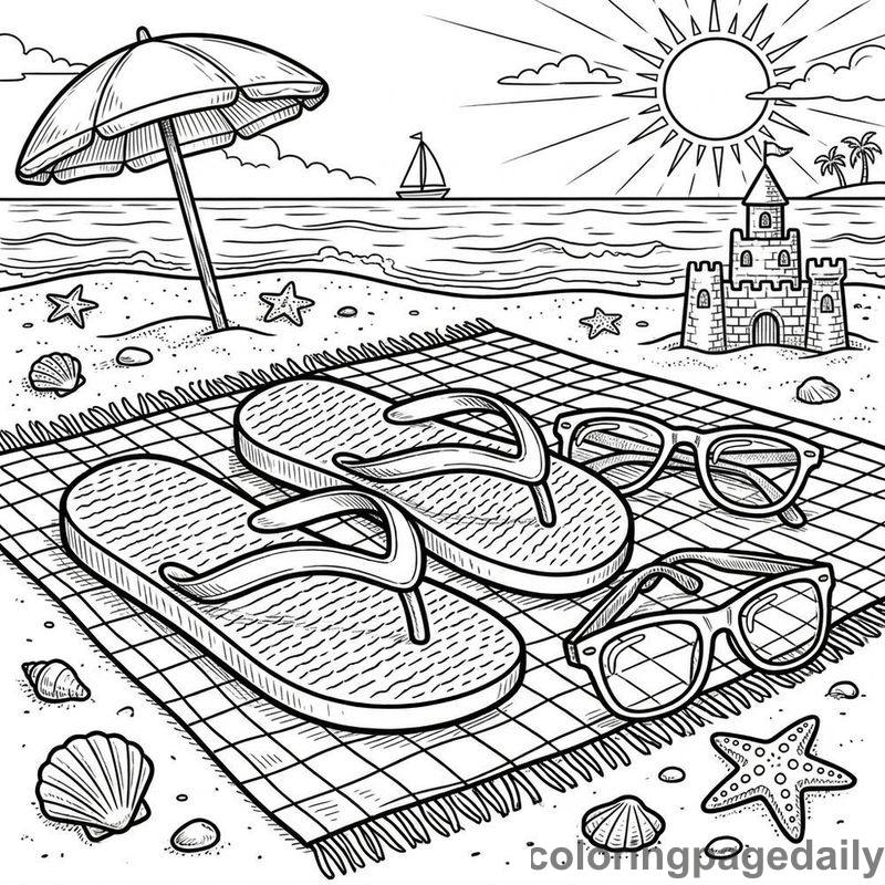 Summer Beach Flip Flops - Daily printable coloring page in Summer Vacation category