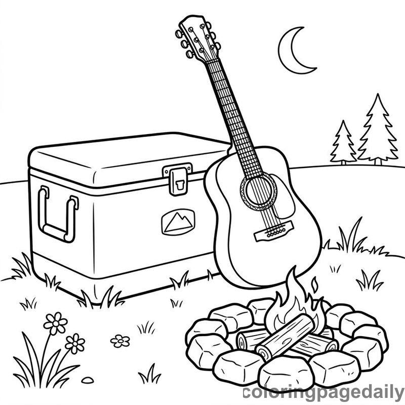 Summer Campfire Acoustic Guitar - Daily printable coloring page in Summer Vacation category