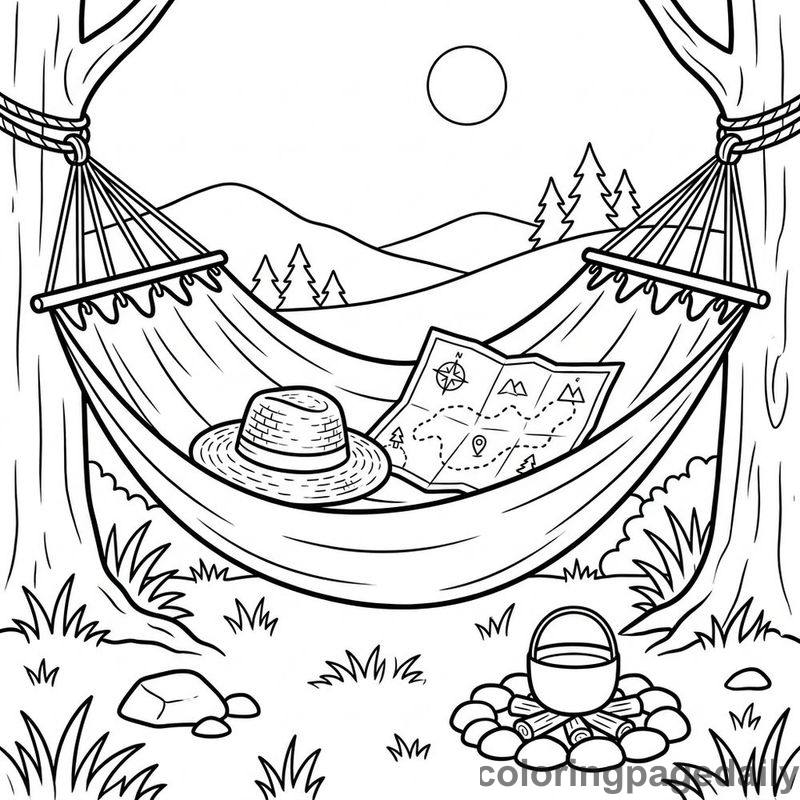 Summer Camping Hammock Rest - Daily printable coloring page in Summer Vacation category