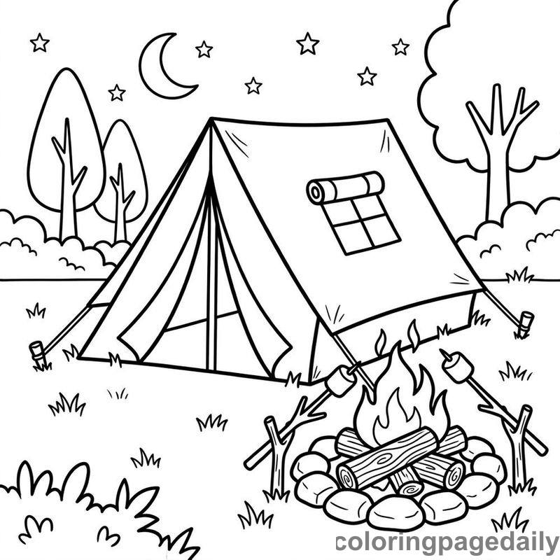 Summer Camping Tent And Fire - Daily printable coloring page in Summer Vacation category