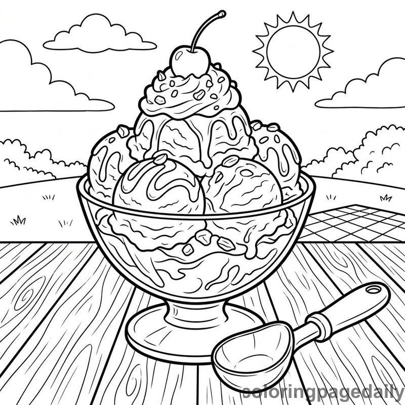 Summer Ice Cream Sundae - Daily printable coloring page in Summer Vacation category
