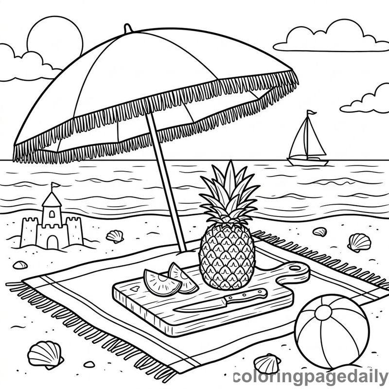 Summer Pineapple Beach Picnic - Daily printable coloring page in Summer Vacation category