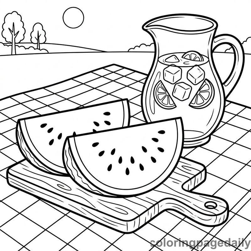 Summer Watermelon Picnic Slice - Daily printable coloring page in Summer Vacation category