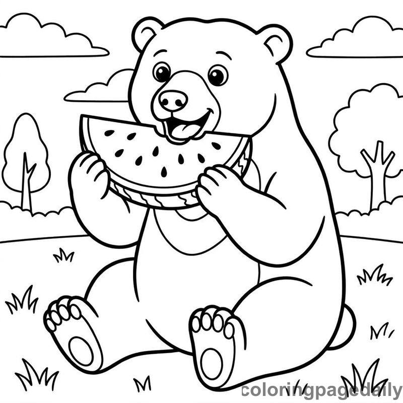Sun Bear Eating Watermelon - Daily printable coloring page in Animals category