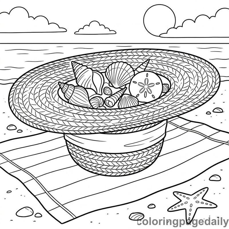 Sun Hat With Seashells - Daily printable coloring page in Summer Vacation category