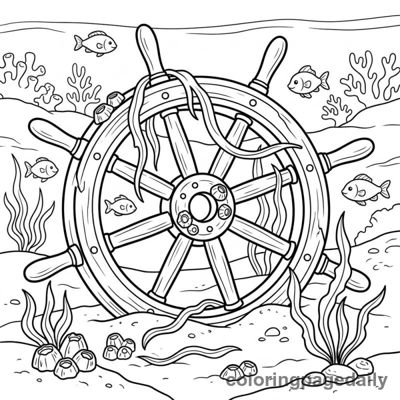 Sunken Ship's Wheel - Daily printable coloring page in Ocean and Underwater Life category