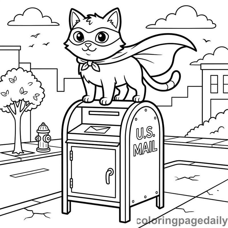 Superhero Cat On Mailbox - Daily printable coloring page in Superheroes and Action category