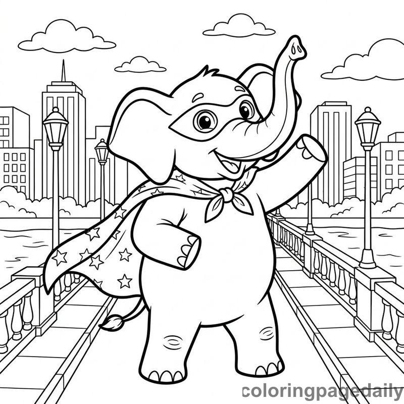 Superhero Elephant On Bridge - Daily printable coloring page in Superheroes and Action category