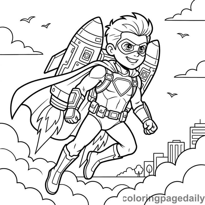 Superhero Jetpack Flight - Daily printable coloring page in Superheroes and Action category