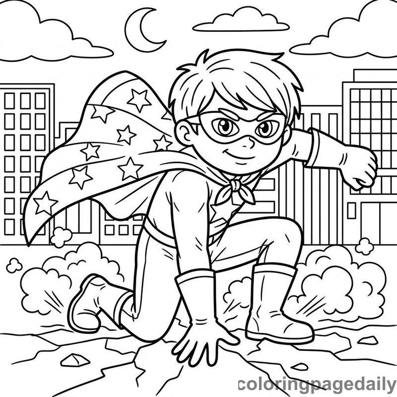 Superhero Kid Landing Pose - Daily printable coloring page in Superheroes and Action category