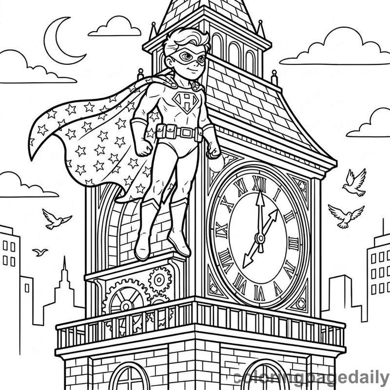 Superhero On Clock Tower - Daily printable coloring page in Superheroes and Action category
