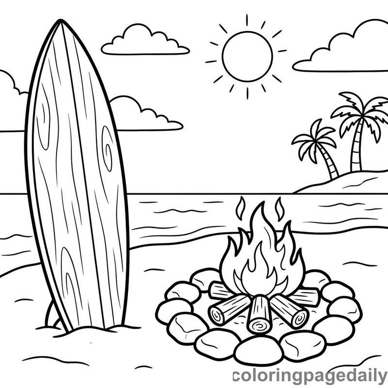 Surfboard And Beach Bonfire - Daily printable coloring page in Summer Vacation category