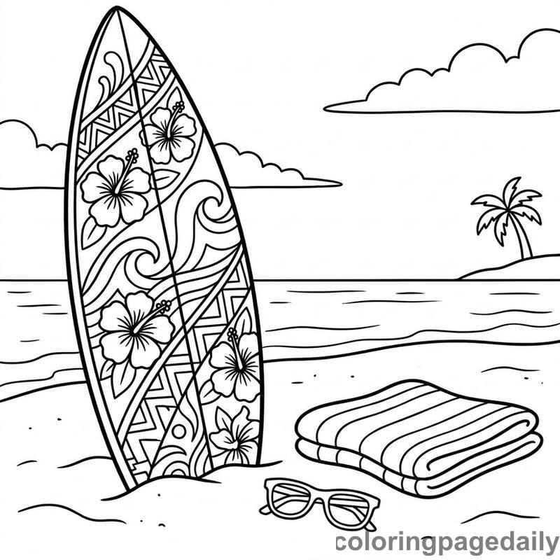 Surfboard Resting On Beach - Daily printable coloring page in Summer Vacation category