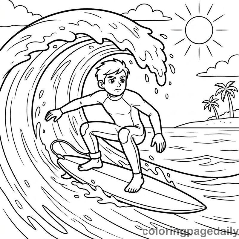 Surfer Riding A Wave - Daily printable coloring page in Sports category