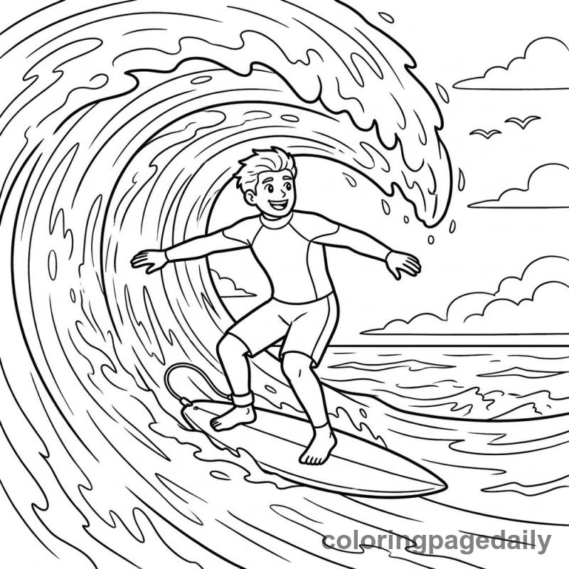Surfer Riding Wave - Daily printable coloring page in Sports category