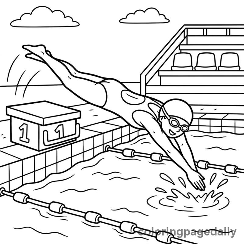 Swimmer Diving Start - Daily printable coloring page in Sports category