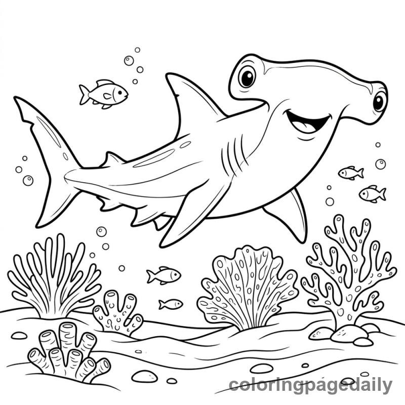 Swimming Hammerhead Shark - Daily printable coloring page in Ocean and Underwater Life category
