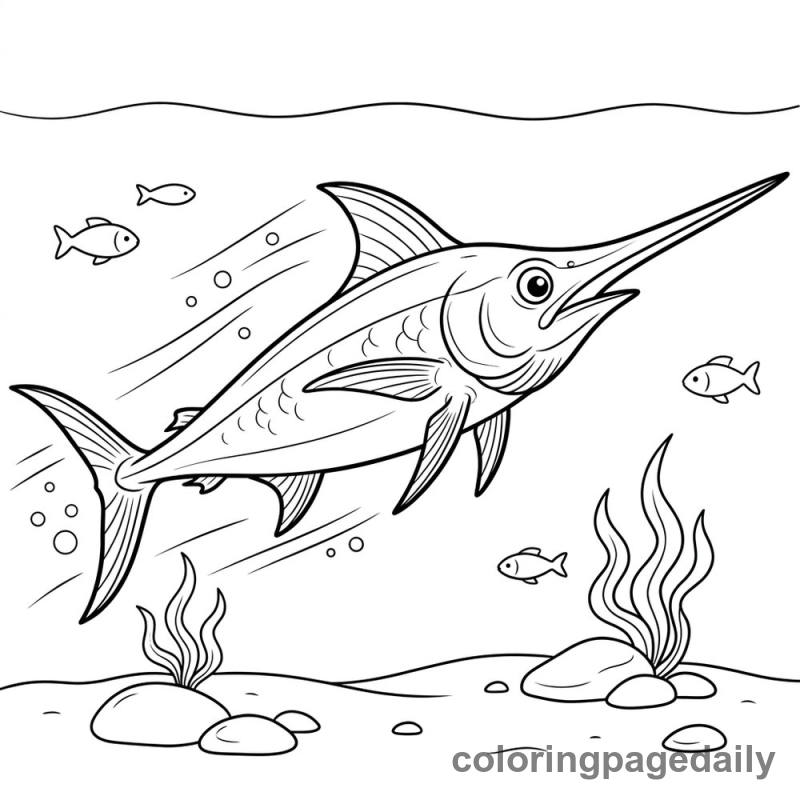 Swordfish Swimming Fast - Daily printable coloring page in Ocean and Underwater Life category