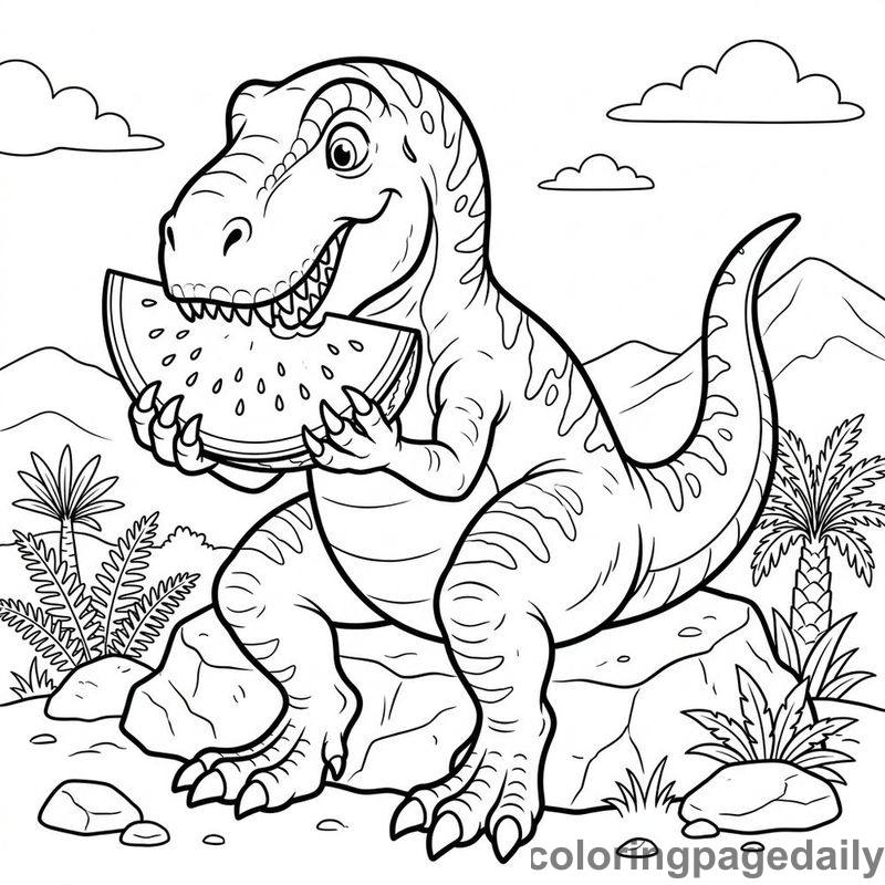 T-Rex Eating Watermelon - Daily printable coloring page in Dinosaur category