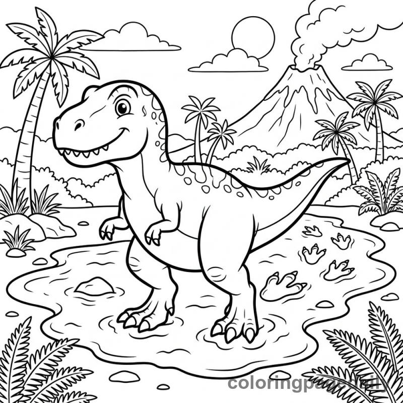 T-Rex Making Big Footprints - Daily printable coloring page in Dinosaur category