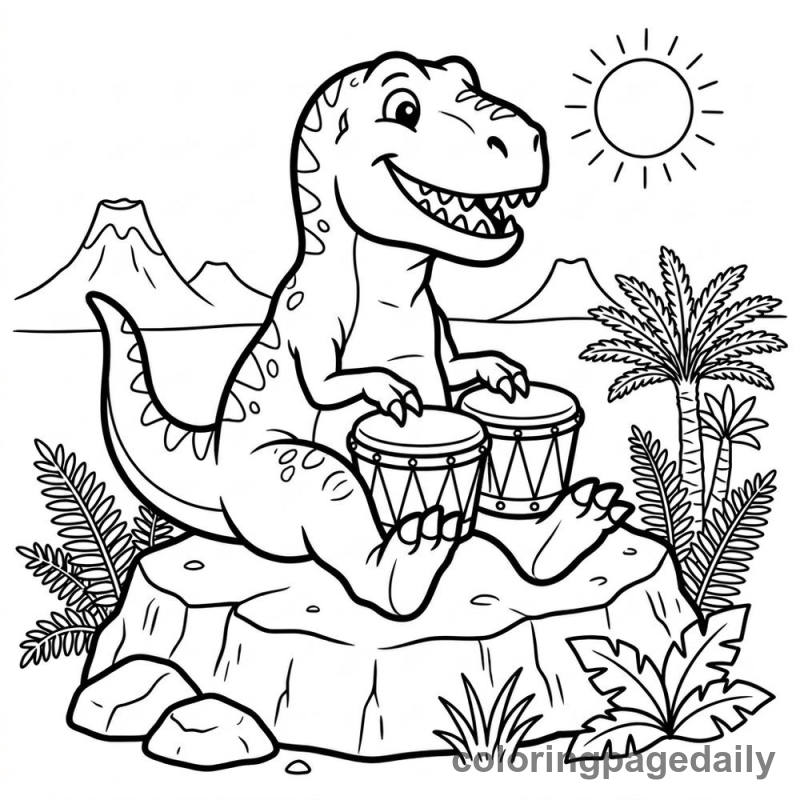 T-Rex Playing Bongos - Daily printable coloring page in Dinosaur category