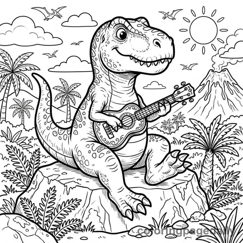 T-Rex Playing Ukulele - Daily printable coloring page in Dinosaur category