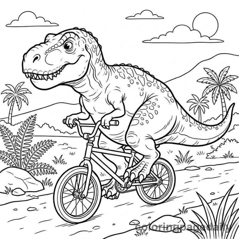 T-Rex Riding Bicycle - Daily printable coloring page in Dinosaur category