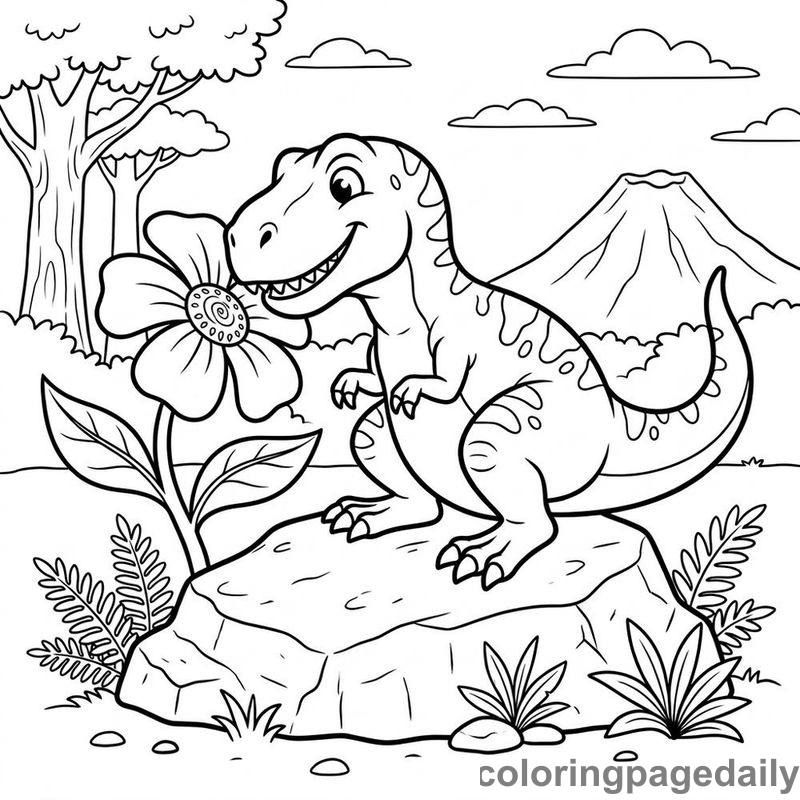 T-Rex Smelling Flower - Daily printable coloring page in Dinosaur category