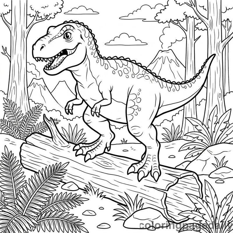 T-Rex Stepping Over Log - Daily printable coloring page in Dinosaur category