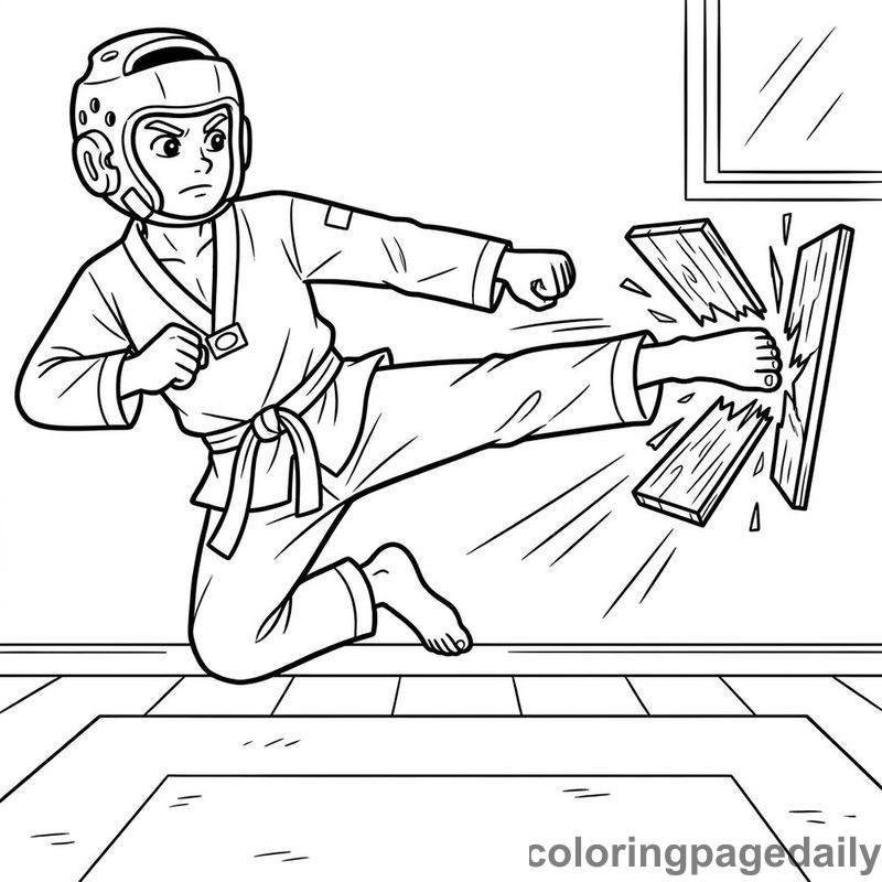 Taekwondo Flying Sidekick - Daily printable coloring page in Sports category
