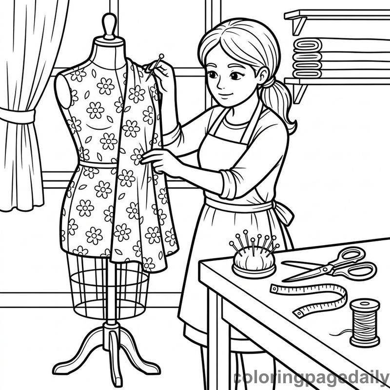 Tailor Pinning Fabric Pattern - Daily printable coloring page in Professions category