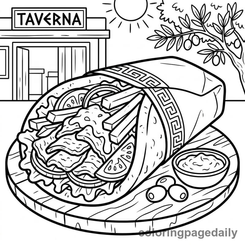 Tasty Greek Gyro Wrap - Daily printable coloring page in Food category