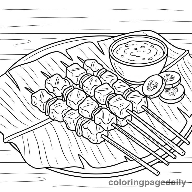 Tasty Indonesian Satay Skewers - Daily printable coloring page in Food category