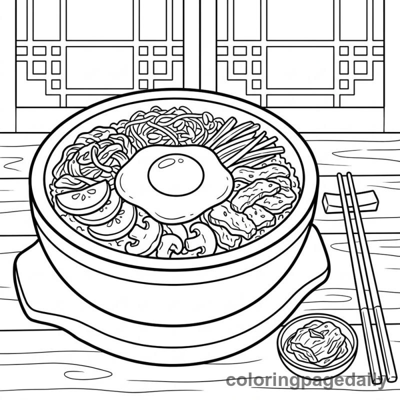 Tasty Korean Bibimbap Bowl - Daily printable coloring page in Food category