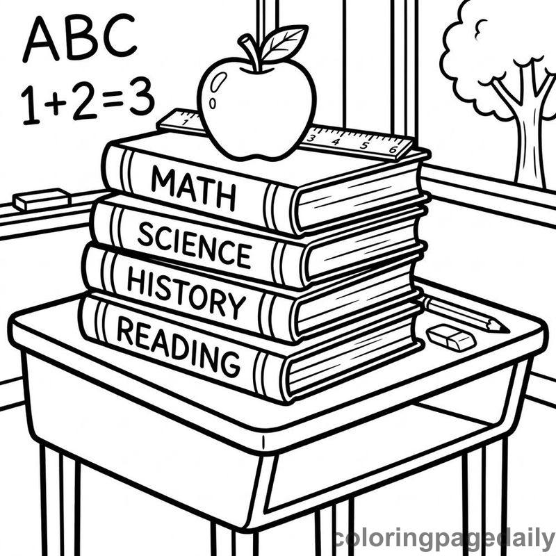 Textbooks And Apple Stack - Daily printable coloring page in Back to School category