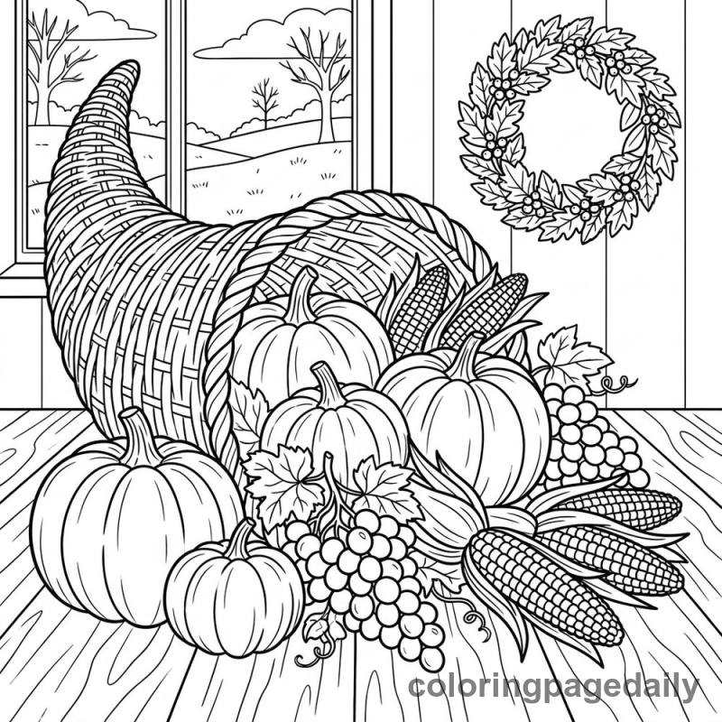 Thanksgiving Harvest Cornucopia - Daily printable coloring page in Thanksgiving category