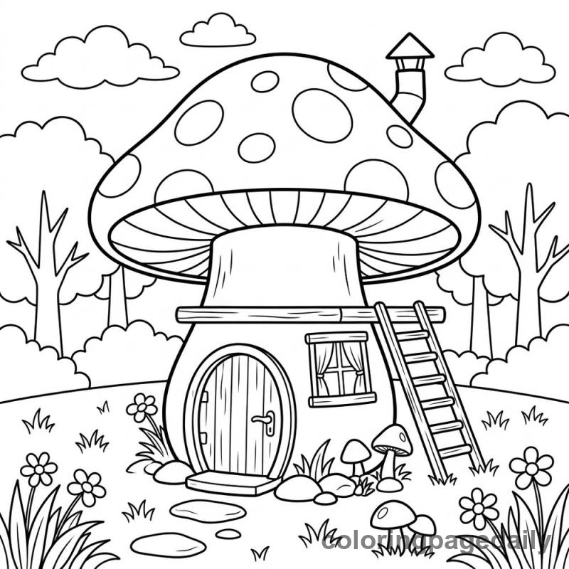 The Magical Mushroom House - Daily printable coloring page in Scenery category