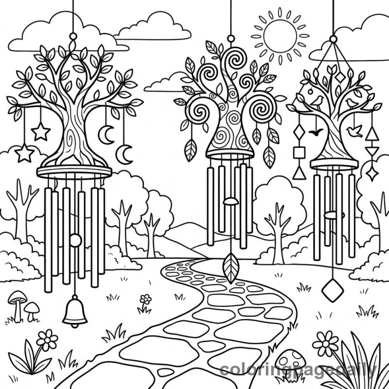The Magical Wind Chime Forest - Daily printable coloring page in Scenery category