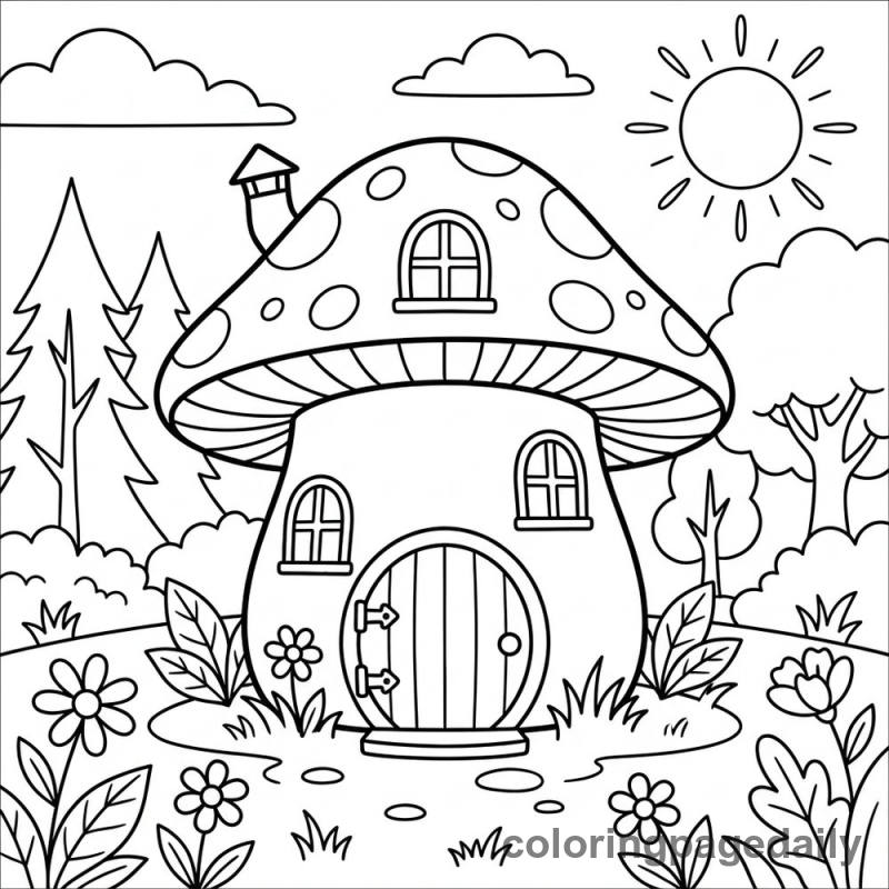 The Mushroom House in the Woods - Daily printable coloring page in Scenery category