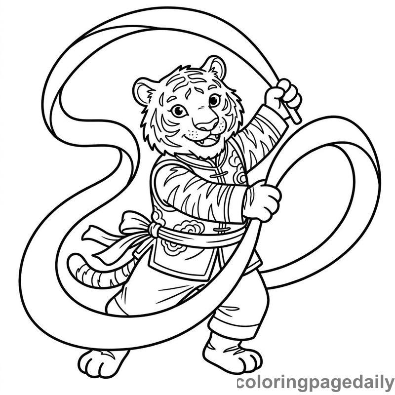 Tiger Ribbon Dance Performance - Daily printable coloring page in Chinese New Year category